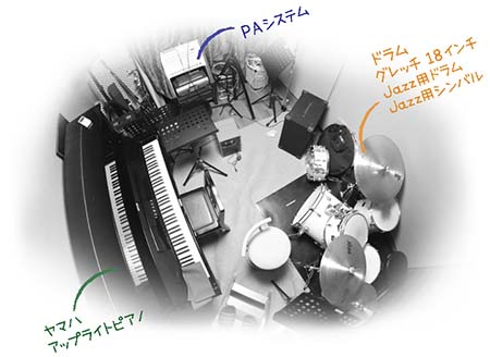 ドラムグレッチ18インチ、Jazz用ドラム、Jazz用シンバル、ヤマハアップライトピアノ、PAシステム